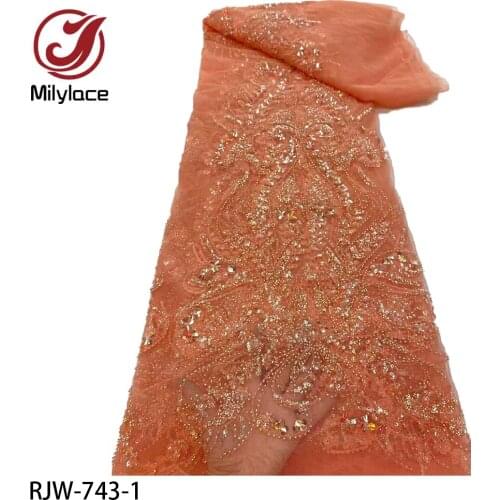 Fashion Bead Tube Embroidery Lace Fabric French Mesh Sequin Embroidery Lace Fabric for Bride Wedding Dress Party RJW-743