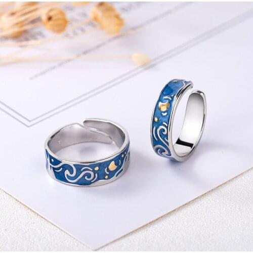 Moon Star Starry Night Van Gogh Adjustable Open Ring Fashion Couple Rings for Women Men Valentines Day Gift Drop Shipping
