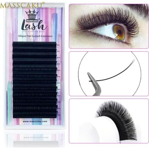 MASSCAKU wholesale premium 12 lines black matte ellipse flat eyelashes cashmere lash tray top quality ellipse extensions