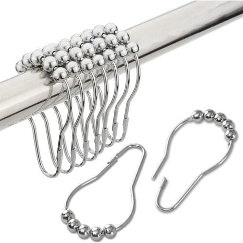New 12pcs/pack Polished Satin Nickel 5 Roller Ball Shower Curtain Rings Hooks Curtain Accessories