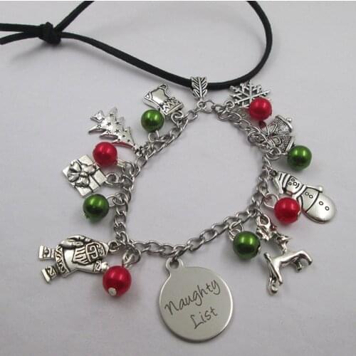 Naughty list christmas theme leather stainless steel chain rearview mirror christmas tree decoration