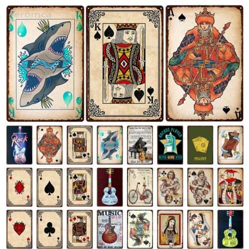 Poker Poster Vintage Metal Tin Signs Guitar Wall Art Tin Plate Bar Club Pub Home Casino Decoration Playing Cards Retro Plaque