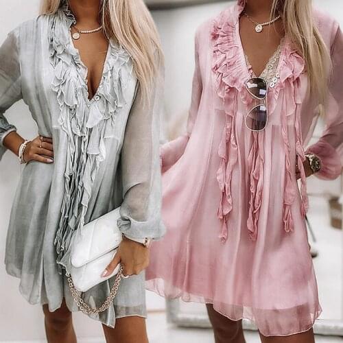 Sexy Womens Fashion Gauze Chiffon Blouse Summer Sun Protection V-neck Long Sleeved Tops Gradient Dress