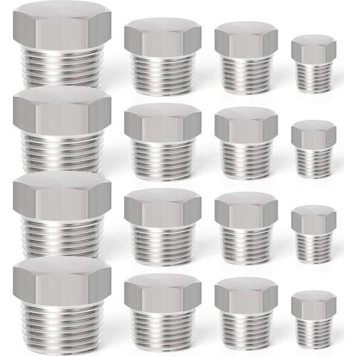 16Pcs Stainless Steel Outer Hex Thread Socket Pipe Plug Fitting 1/8Inch 1/4Inch 3/8Inch 1/2Inch NPT Male Tubing Plug