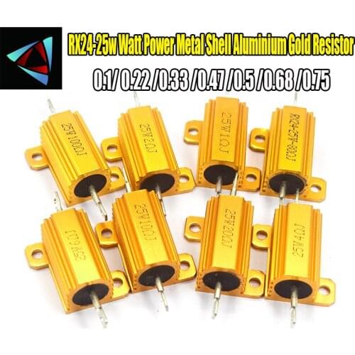 RX24 25W Watt Power Metal Shell Aluminium Gold Resistor 0.1 0.22 0.33 0.47 0.5 0.68 0.75 ohm Multiple Resistance