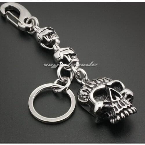 Unique 316L Stainless Steel Skull Mens Biker Rocker Keychain 6K004KC_#ClaspA