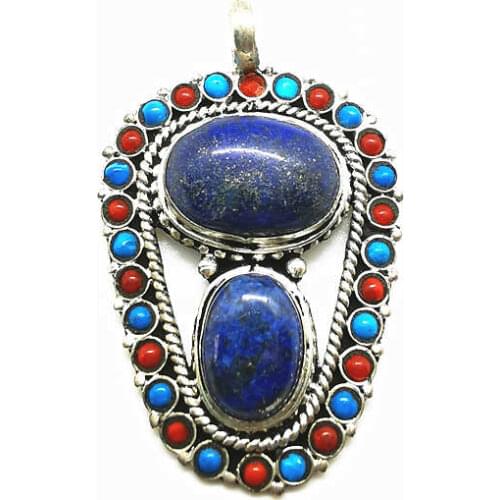 Vintage Flower Pendant Copper Inlaid Natural Navy Lapis Lazuli Nepal Handmade Jewelry TBP355