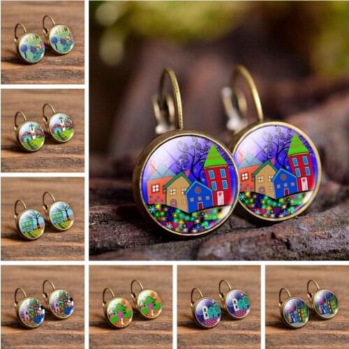 2021 New Arrival Colorful House and Tree Women Stud Earring Abstract Oil Painting House Glass Cabochon Women Fashion Earrings