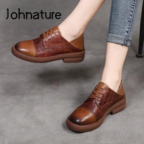 Johnature Genuine Leather Pumps Women Shoes Spring/Autumn 2021 New Lace-Up Retro Handmade Concise Leisure Sewing Ladies Shoes