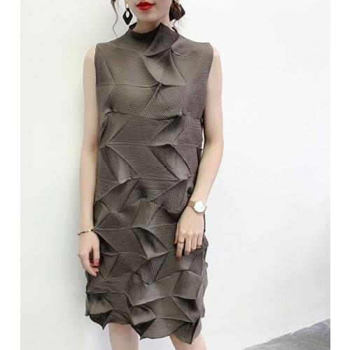 Special Folds Miyak Pleated Summer Turtleneck Loose Straight Vest Dress For Women Plus Size Vintage Casual Aesthetic Dresses