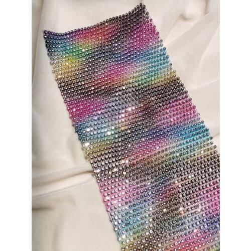 1 Yard Clear Glass Rainbow Crystal Rhinestones Mesh Fabric Elastic Net Trim Strass Stockings Fishnet Multi Color Gradient