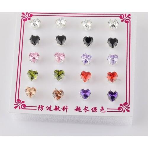 10pairs/set Candy Cubic Zirconia Heart Stud Earrings Set For Women Silver Color Crystal Rhinestone Bow Earrings Brinco Jewelry