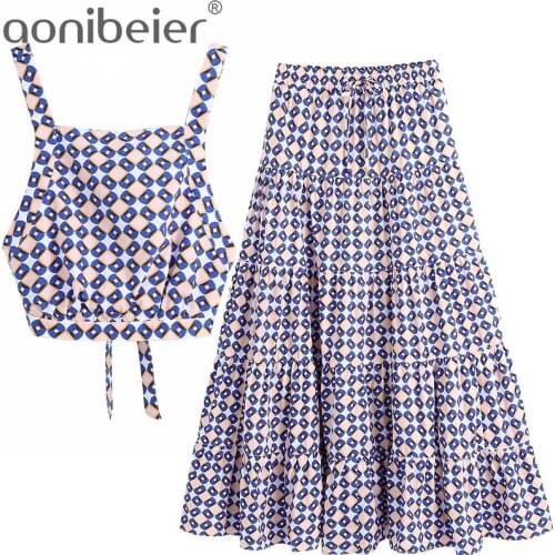 Aonibeier Geometric Print Summer Women Casual 2 Piece Sets Tie Back Crop Tops and Maxi Skirts Female Suits Two Piece Outfits