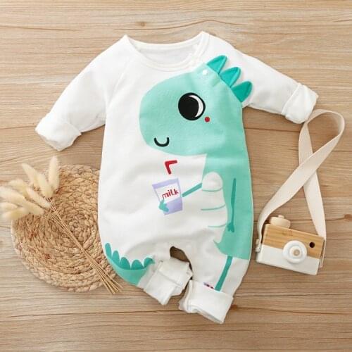 PatPat Dinosaur Print Long-sleeve White Baby Jumpsuit