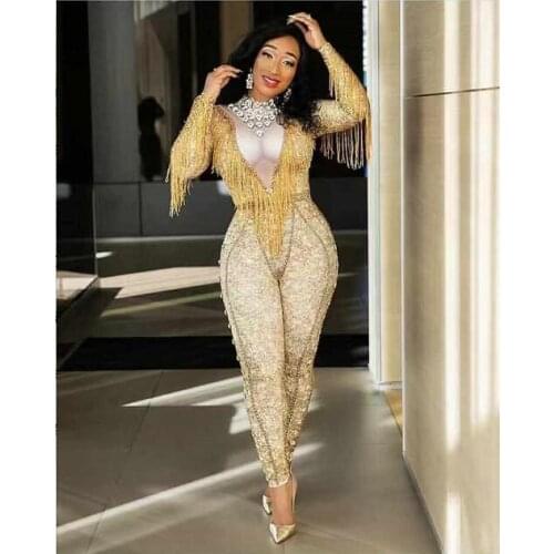 Sparkly Crystals Gold Tassel Jumpsuit Nightclub Sexy Bodysuit Female Singer Evening Stage Wear Womens Birthday Celebrate Outfit