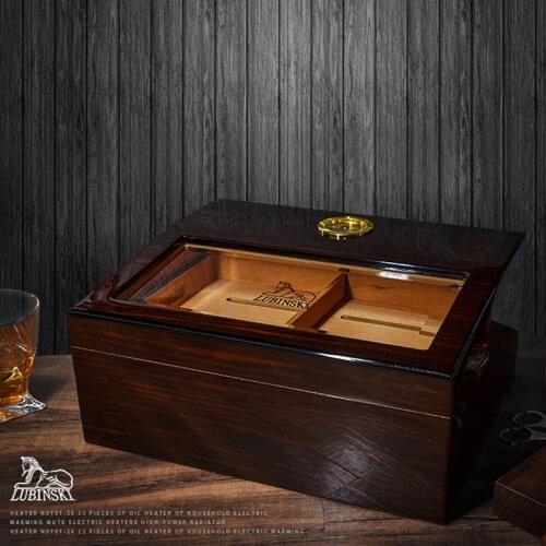 LUBINSKI Cedar Wood Cigar Humidor Case Cigarette Visual Skylight Storage Box With Pallet Hygrometer Humidifier Hold 50 Cigars