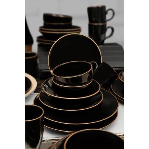 Black Gold Dinner Set 30 Pieces for 6 People 6 Soup bowl - 6 Dinner Plate 6 Cake Plate - 6 Service Plates - 9cm 300ml Mugs x6