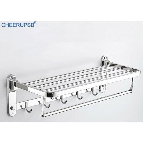 Stainless Steel Bathroom Bath Towel Holder Hotel Foldable Chrome Hanger Square Wall Mount Towel Rack Single Layer Towel Shelf K2