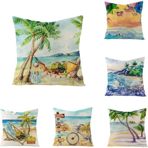 Oil Painting Style Printed Cotton Linen Hug Throw Pillowcase Emerald Summer Beach Flower Trees Cushion Cover Set 45*45cm