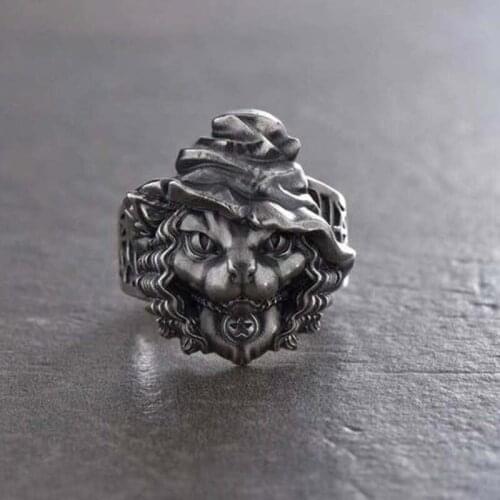Vintage Gothic Style Cute With Hat Cat Ring Female Unique Design Kitty Black Metal Stainless Steel Rings Birthday Gifts Jewelry