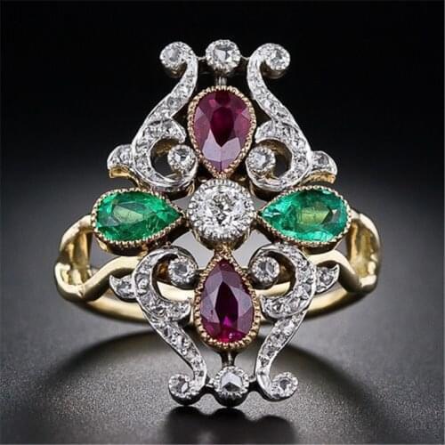 Vintage Unique Two-Tone Crown Zircon Staff Womens Ring Between Green Red Copper Accessories For Engagement Wedding Jewelry
