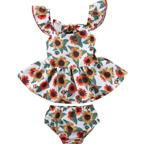 Newborn Kids Baby Girls Outfits Flying Sleeves Clothes Cute Sunflower Top Dress+Bottoms Shorts 2pcs Bow Summer Set