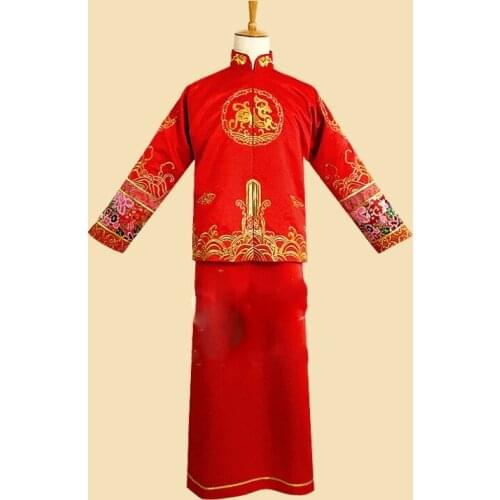 Republican Period Red Embroidery Groom Hanfu Wedding Costume Stage Performance or TV Play