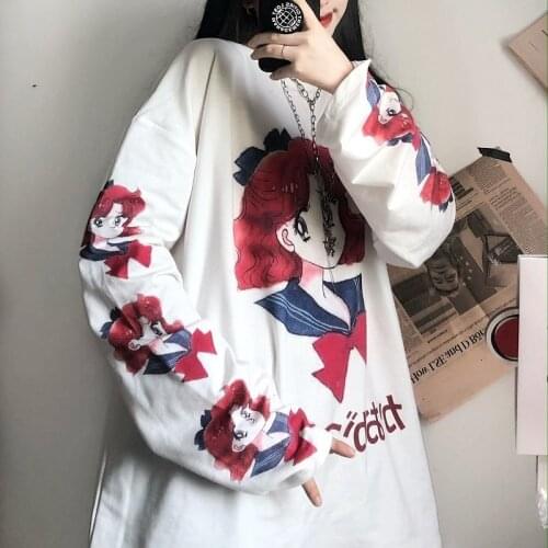 Kawaii summer womens top chic Japanese cute cartoon printed loose T-shirt ins Harajuku vintage O-collar Aesthetic ulzzang y2k