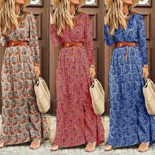 Fashion Elegant Womens Print Bohemia Long Dress Ladies Autumn Long Sleeve V-Neck Casual Party Dresses