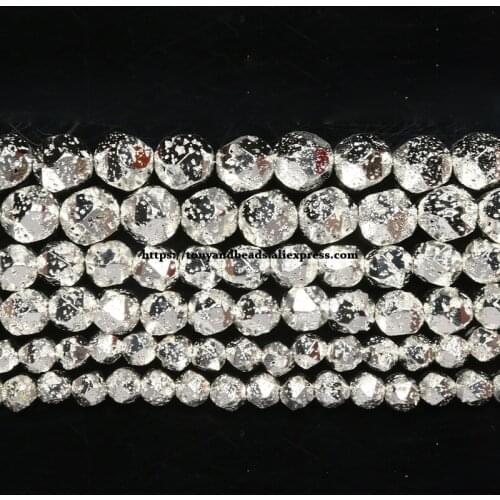 Natural Stone Big Cuts Faceted Silver Plated Volcano Lava Round Loose Beads 15" Length 6 8 10 12MM Jewelry Making