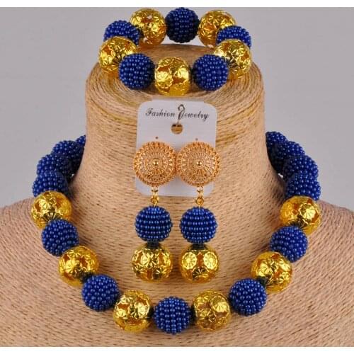 Nigerian Traditional Wedding Beads Royal Blue Simulated Pearl Necklace Earrings Set African Wedding Bridal Jewelry Sets