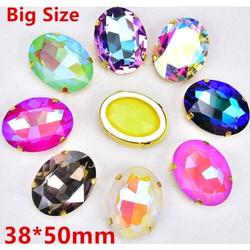 Big Size 38*50mm Oval Mocha Rhinestones Glass Crystal With Gold Claw Loose Stones Sewing For Garment Dress DIY Accessories