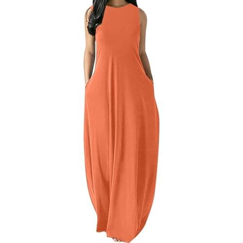 Womens Sleeveless Dresses Soild Color Loose Plain Maxi Dresses Casual Soft Vest Long Dress With Pockets Robe Femme Ropa Mujer