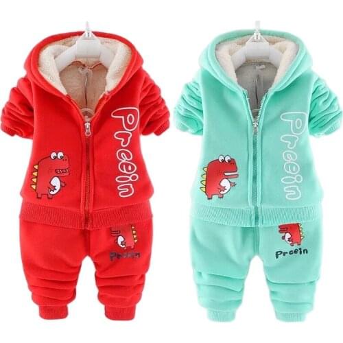 Thick Plush Warm Toddler Baby Boys Clothes Set Winter Cartoon Dinosaur Clothing Sets For Boys Hoodies Jacket And Pants Kids Suit