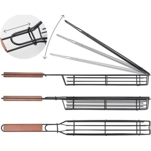Durable Kabob Grilling Basket Reusable Anti-Corrosion Wooden Handle Barbecue Tool Grill Basket Grill Net For Co-Worker