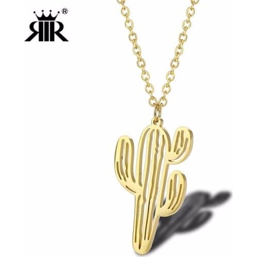 RIR Stainless Steel Golden Hollow Cactus Desert Necklace Simple Style Nature Plant Woman Jewelry Necklace Give Her Gift