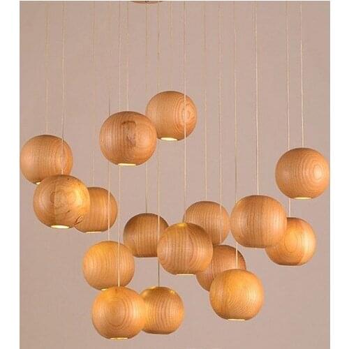 Nordic Wood Art Round Ball Droplight Modern LED Pendant Light Fixtures For Dining Room Bar Hanging Lamp Indoor Lighting