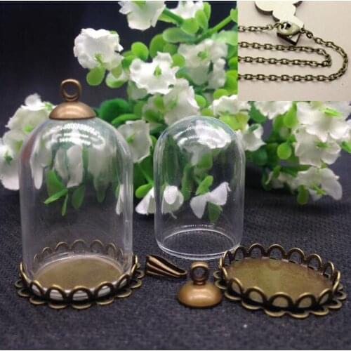 20sets 30*20mm glass globe bronze color double lace tray base beads cap handmade vial pendant bottle jar with 70cm charm chain