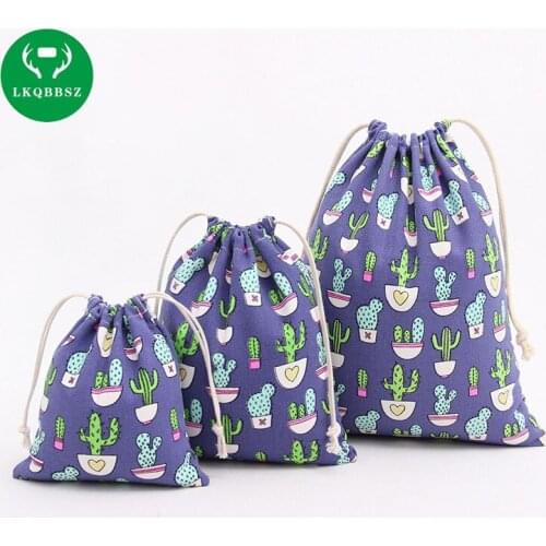 LKQBBSZ 3Pcs /set Cloth Storage Bag Cotton Linen Drawstring Cartoon Cactus Print Blue Gift Candy Bags for Sundries