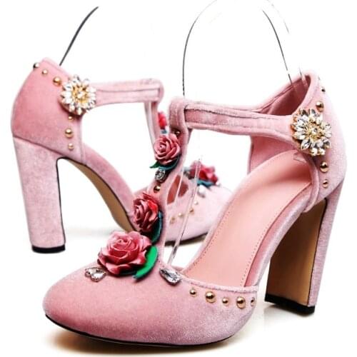Flower Decor T-bar Pumps Wedding Mary Janes Round Toe Crystal Rivet Embellished Chunky Heel Cover Heel Woman Dress Classic Shoes