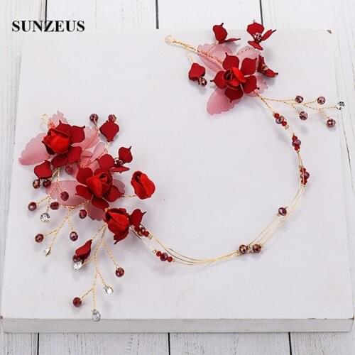 Wine Red Flowers Bridal Head Chain New Hand-made Gold Hair Band Wedding Party Headband Accessory SQ317