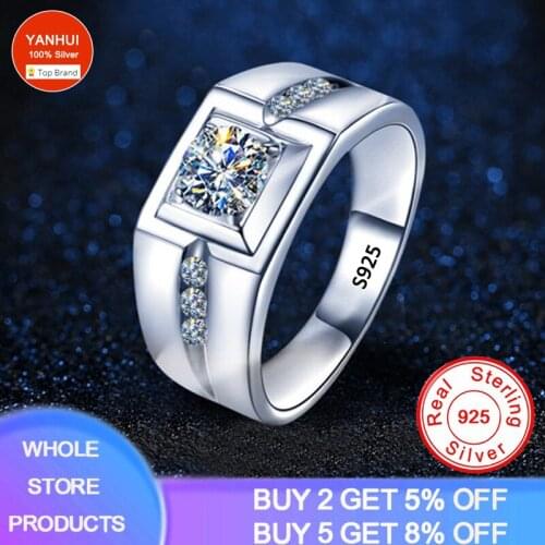 YANHUI Luxury 925 Silver Round Cubic Zircon Rings for Men Classic Wedding Ceremony Ring Dazzling Male Accessories Jewelry Hot