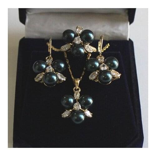 Rare 8mm Black South Sea Shell Pearl Earrings Ring & Necklace Pendant Jewel Set