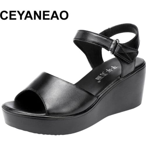 CEYANEAO Medium Heel Wedges Heel Sandals Women Summer 2021 New Fashion Large Size 32 To 43 Sandals Women Open Toe Shoes Red