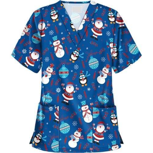 Women Short Sleeve V-Neck Nursing Scrubs Tops Working Uniform Christmas Thanksgiving Blouse Protective Overalls Reusable A50