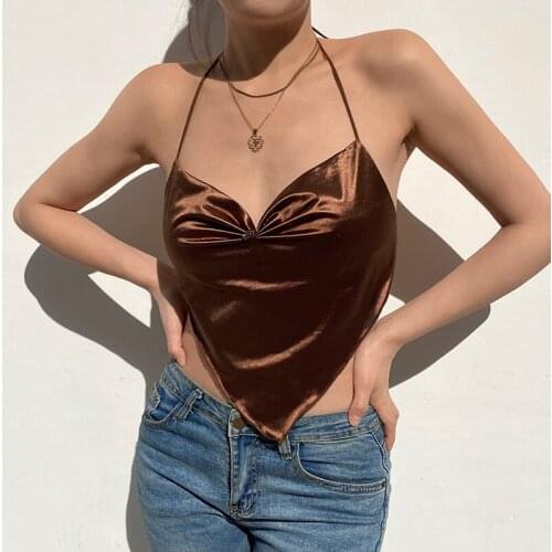 Female Sexy Halter Backless Lace-Up Camisole Summer Fashion Solid Color Ruched V-neck Triangle Exposed Navel Cami Top