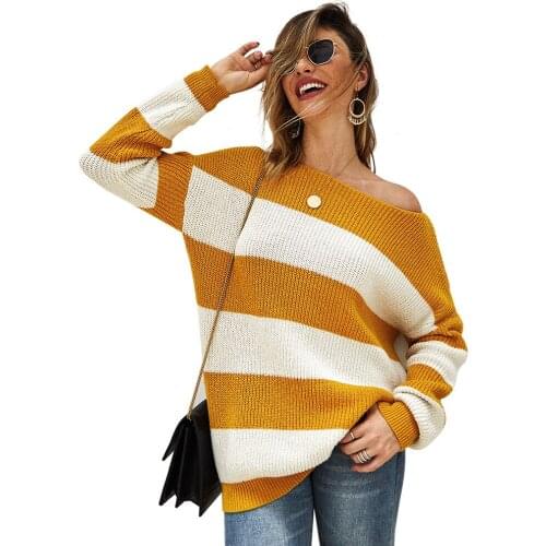 Fashion Sweaters For Women 2020 New Hot Sale Women Sexy Striped Sweater Top Round Neck Long-sleeved Loose Women Cardigan Sweater