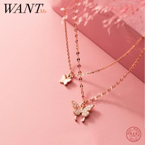 WANTME 925 Sterling Silver Double Clavicle Choker Hollow Pendant Romantic Butterfly Necklace for Women Charms Party Jewelry Gift