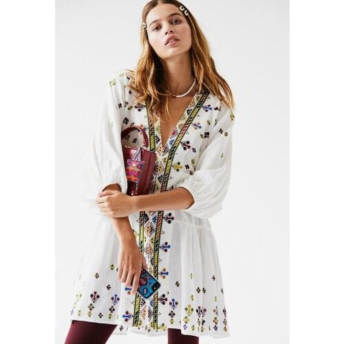 Jastie Plunging V-neck Sexy Tunic Dress Colorful Embroidery Boho Dress Long Sleeve Spring Summer Women Dress Vestidos 2020