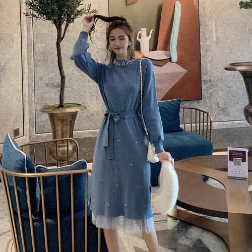 Womens Autumn Winter Knitted Sweater Long Dress Women Pearl Beading Sashes Mesh 2pcs Dress Set Female Fashion Two-piece